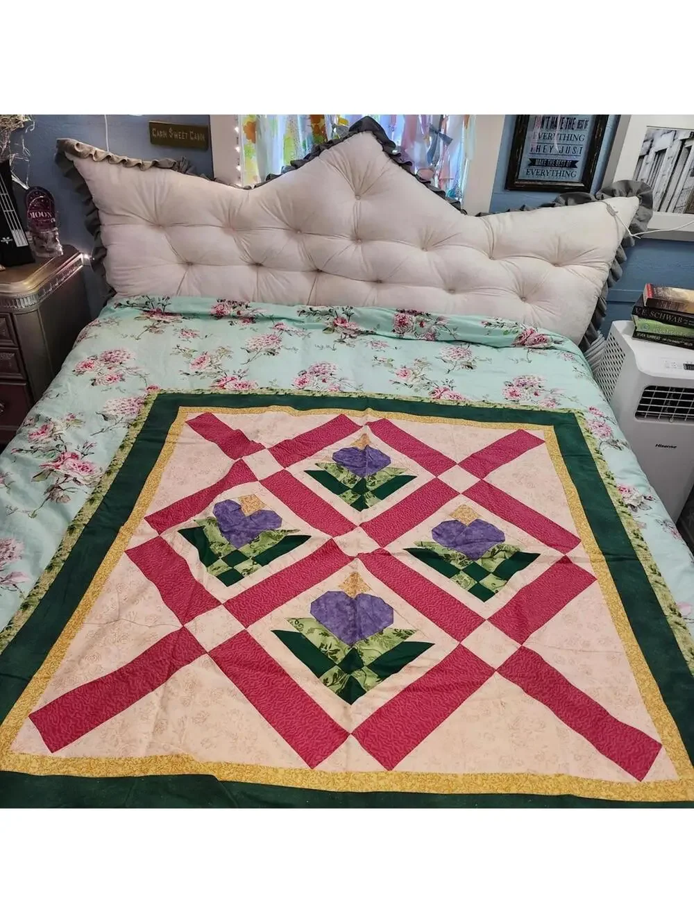 Handmade Quilted Throw Blanket Purple Heart Applique Cottagecore Wall Hanging